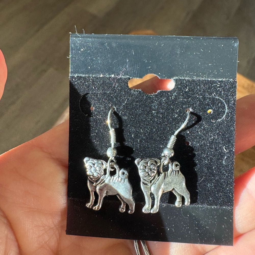 Silver Tone Pug Earrings